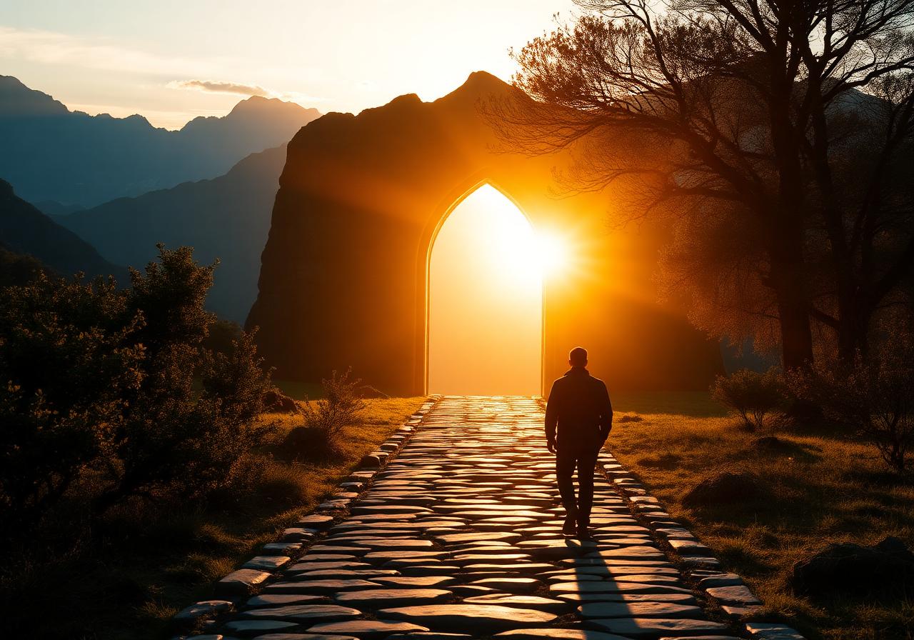 Man walking toward a golden light gateway