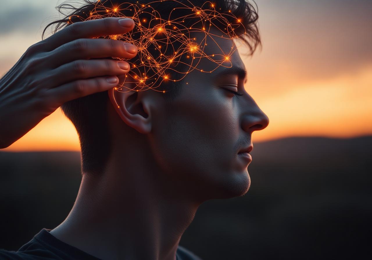 Man in stillness with thoughts represented as light