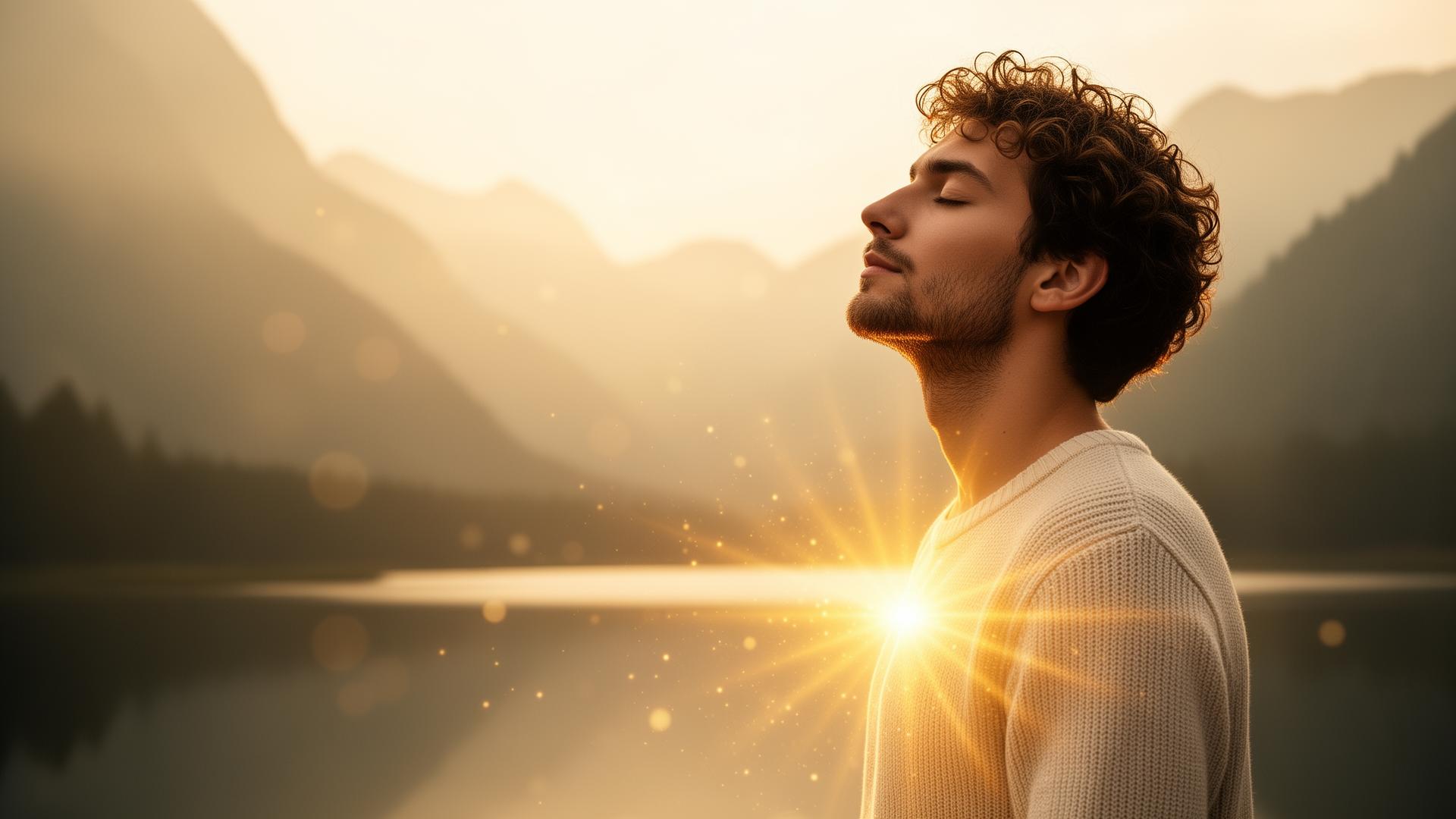 Young person meditating in golden dawn light by the lake